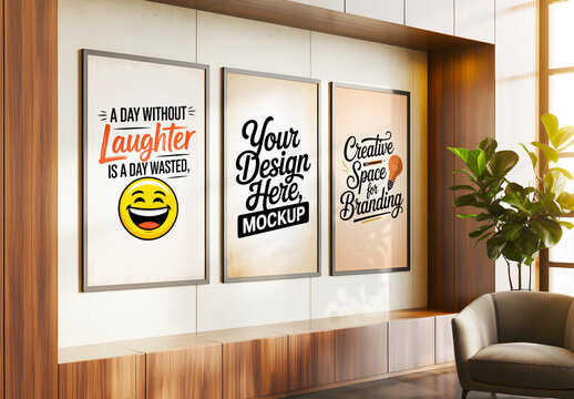 Modern Interior Living Room With Three Vertical Poster Frame Mockup On Wooden Wall