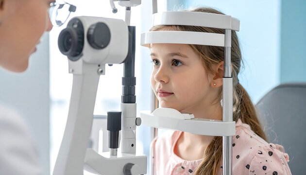 Child undergoing eye exam, professional care