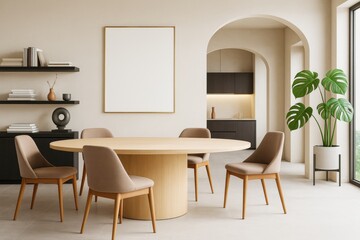 Contemporary dining room with minimalist decor, round table, blank wall frame, and modern furniture in soft neutral tones and natural light setting.