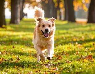 Happy golden retriever running in autumn park