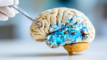 A close-up view of a human brain with vibrant colors, highlighting neural activity and scientific exploration with precision instruments.