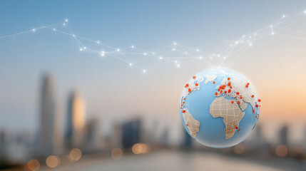 A digital globe with interconnected lines, symbolizing global connectivity and technology advancements in an urban setting.