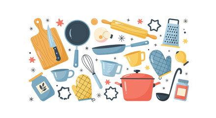Colorful Kitchenware Illustration with Cutting Board, Pans, and Utensils for Cooking and Baking, Ideal for Food Blogs and Recipes
