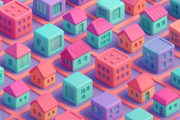 Isometric pastel miniature cityscape with colorful toy-like buildings and houses forming a grid layout on purple background. Ai generative. Ai generative