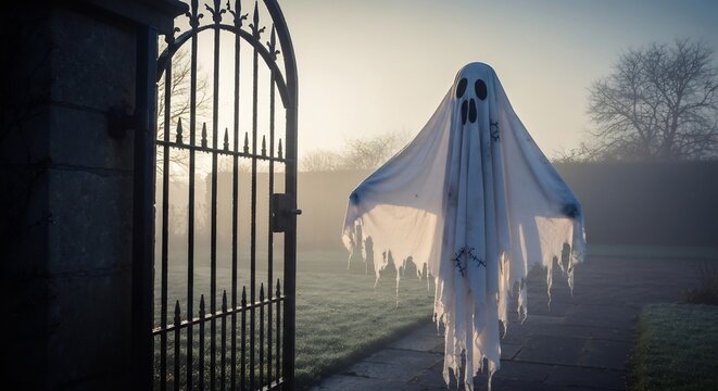 Ghost figure stands by a gate a sheet with eyemouth cutouts against a foggy background