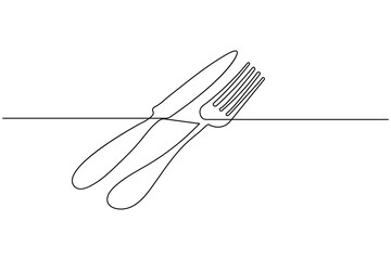 Minimalist one line art of kitchen cutlery and plate, perfect for modern dining and restaurant design