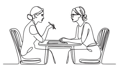One line art Two Women Conversing – Minimalist Dialogue outline drawing line art.
