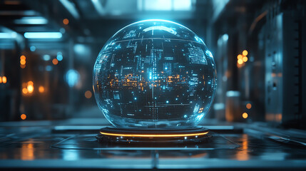 A futuristic glass sphere displaying vibrant digital information in a high-tech environment, symbolizing innovation and advancement.
