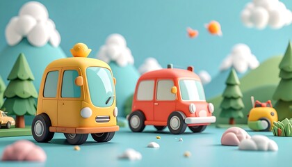 Cute Cartoon Cars in a Colorful Landscape.