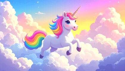 Fototapeta premium Cute unicorn soaring through fluffy clouds