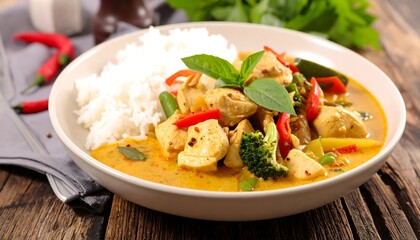 Delicious Thai Red Chicken Curry with Rice.