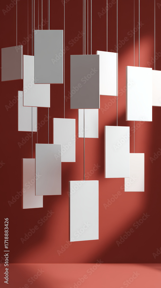 Poster white blank paper sheets hanging vertically against red wall, creating modern abstract art installat
