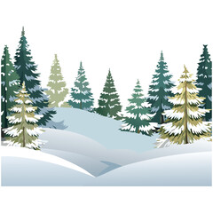 Obraz premium Snowy forest with fir trees vector illustration in scandinavian laconic style. Christmas natural background for postcards and invitations. New Year's backdrop of cold northern nature. 