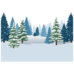 Obraz premium Snowy forest with fir trees vector illustration in scandinavian laconic style. Christmas natural background for postcards and invitations. New Year's backdrop of cold northern nature. 
