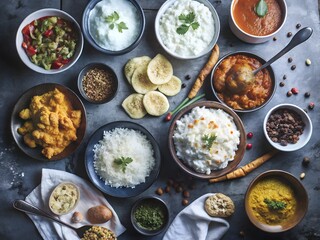 Overhead view of a variety of indian dishes and ingredients arranged on a dark surface