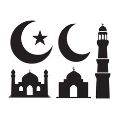  Collection of Islamic Silhouette Symbols Featuring Mosque, Crescent, Minaret, Prayer Rug. 