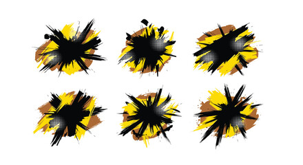 Abstract Grunge Explosion with Yellow, Brown, and Black Brush Strokes and Halftone Patterns - Dynamic Vector Design Element Collection