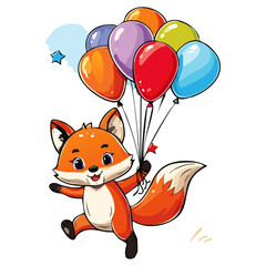 Fototapeta premium A cute fox holding colorful balloons in his hand. Vector illustration. Adorable character for greeting cards and birthday designs.