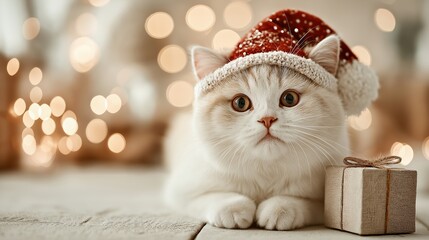 A charming white cat in a festive Santa hat poses with a tied gift box in front of warm glowing lights, creating a magical holiday mood. The composition highlights seasonal decoration, cuteness