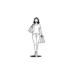 Black and white line art of a beautiful happy woman carrying shopping bags minimalist cheerful illustration