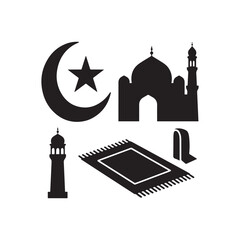 Obraz premium Collection of Islamic Silhouette Symbols Featuring Mosque, Crescent, Minaret, Prayer Rug. 