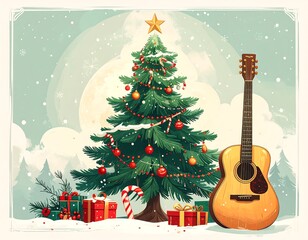 Christmas tree and guitar illustration