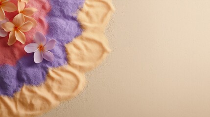 An Indian colorful rangoli made from powdered pigments features pastel flowers arranged on a soft textured background. Pattern highlights cultural tradition, beauty and handmade 