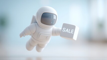 A white astronaut floats in midair holding a glowing cube with the word "SALE," blending cosmic exploration with modern marketing themes. The clean futuristic style emphasizes innovation, shopping