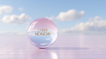 A glowing pastel sphere with the words "Cyber Monday" floats against a dreamy sky, symbolizing online shopping promotions and digital retail. The futuristic aesthetic highlights e-commerce marketing
