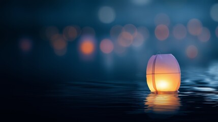 A glowing paper lantern floats gently on a calm body of water during nighttime, symbolizing peace, memory, and tradition. The warm illumination contrasts beautifully with the deep blue background