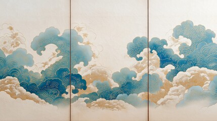 A Japanese folding screen decorated with wave and crane-inspired patterns combines cultural tradition with artistic beauty. The ornate design highlights craftsmanship and Asian aesthetics