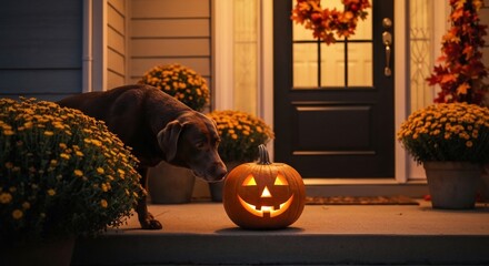 Brown dog sniffs lit jackolantern on porch with fall decorations