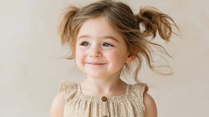 A little girl with blue eyes and playful messy ponytails smiles sweetly in soft natural light. Her casual spring outfit and innocent expression make this portrait warm, charming
