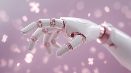 A sleek robotic hand in metallic white and rose tones reaches gracefully with a glowing futuristic background of symbols and particles. The image symbolizes innovation, AI, and digital transformation 