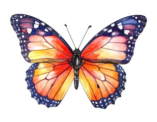Obraz premium A vibrant watercolor painting of a monarch butterfly, showcasing intricate wing details and a gradient of orange and yellow hues.