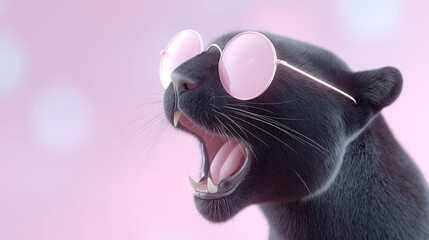 A sleek black panther roars dramatically while wearing round pink sunglasses against a soft pastel background. The bold and stylish concept merges wild strength with playful modern fashion appeal