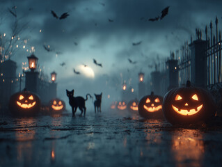 Halloween night with glowing jack o lanterns, spooky streets and black cats