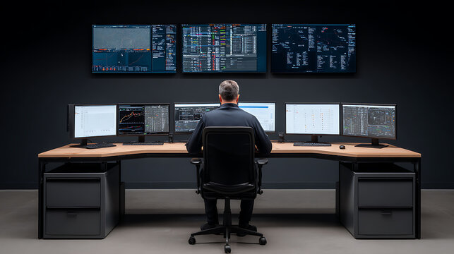 Person working at a multi-monitor workstation in a dark control room with data displays