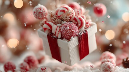 A festive box filled with candy canes, frosted balls, and winter decorations surrounded by snow. The close-up evokes holiday cheer and sweetness, perfect for Christmas advertising and seasonal greetin