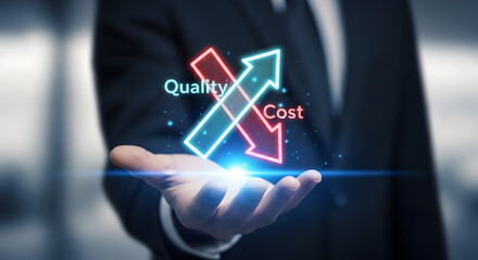 Businessman holding neon arrows of Quality and Cost, business concept for strategy