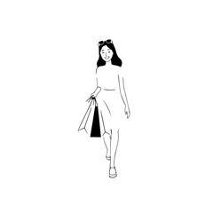 Black and white line art of a beautiful happy woman carrying shopping bags minimalist cheerful illustration