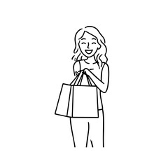 Black and white line art of a beautiful happy woman carrying shopping bags minimalist cheerful illustration