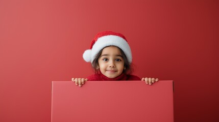 A cute child in a red Santa hat holds a blank red board in front of a festive red background. The cheerful composition is perfect for Christmas promotions, cards and holiday advertising