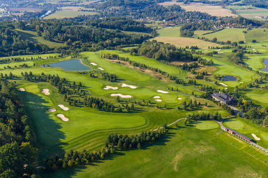 Aerial view of a beautiful green golf course in Pysely, Czech republic