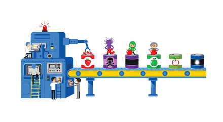 Obraz premium Cartoon Factory Conveyor Belt Producing Canned Goods with Fruit, Poison, and Other Symbols, Monitored by Engineers and Illustrating Modern Automated Manufacturing