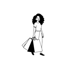 Black and white line art of a beautiful happy woman carrying shopping bags minimalist cheerful illustration