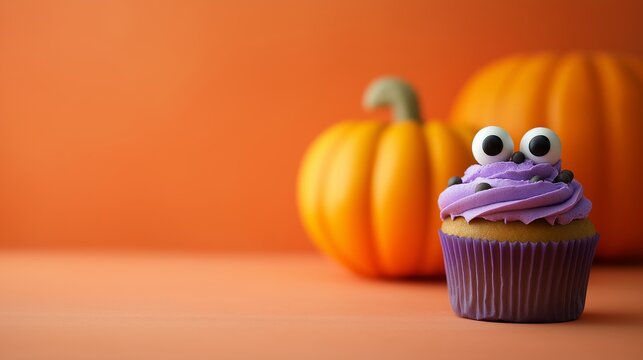 A whimsical Halloween cupcake with purple frosting and candy eyeballs sits in front of orange pumpkins. The festive composition blends humor and seasonal sweetness