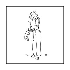 Black and white line art of a beautiful happy woman carrying shopping bags minimalist cheerful illustration