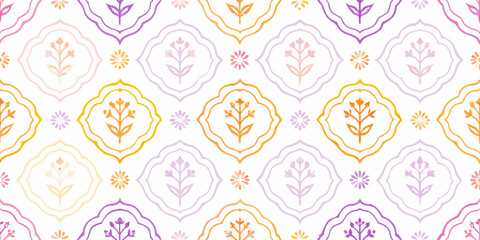 Seamless pattern with colorful floral motifs and decorative quatrefoil shapes in a repeating design © Ratan