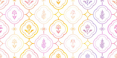 Seamless pattern of delicate floral motifs in pastel gradient colors on white background